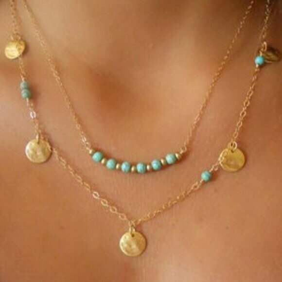 Boho Festival Gold Plated Layered Chain Necklace 17" - Picture 1 of 4